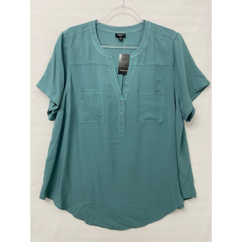 NWT Torrid Harper Blouse Size 2X Teal Blue Challis Short Sleeve Soft Preppy